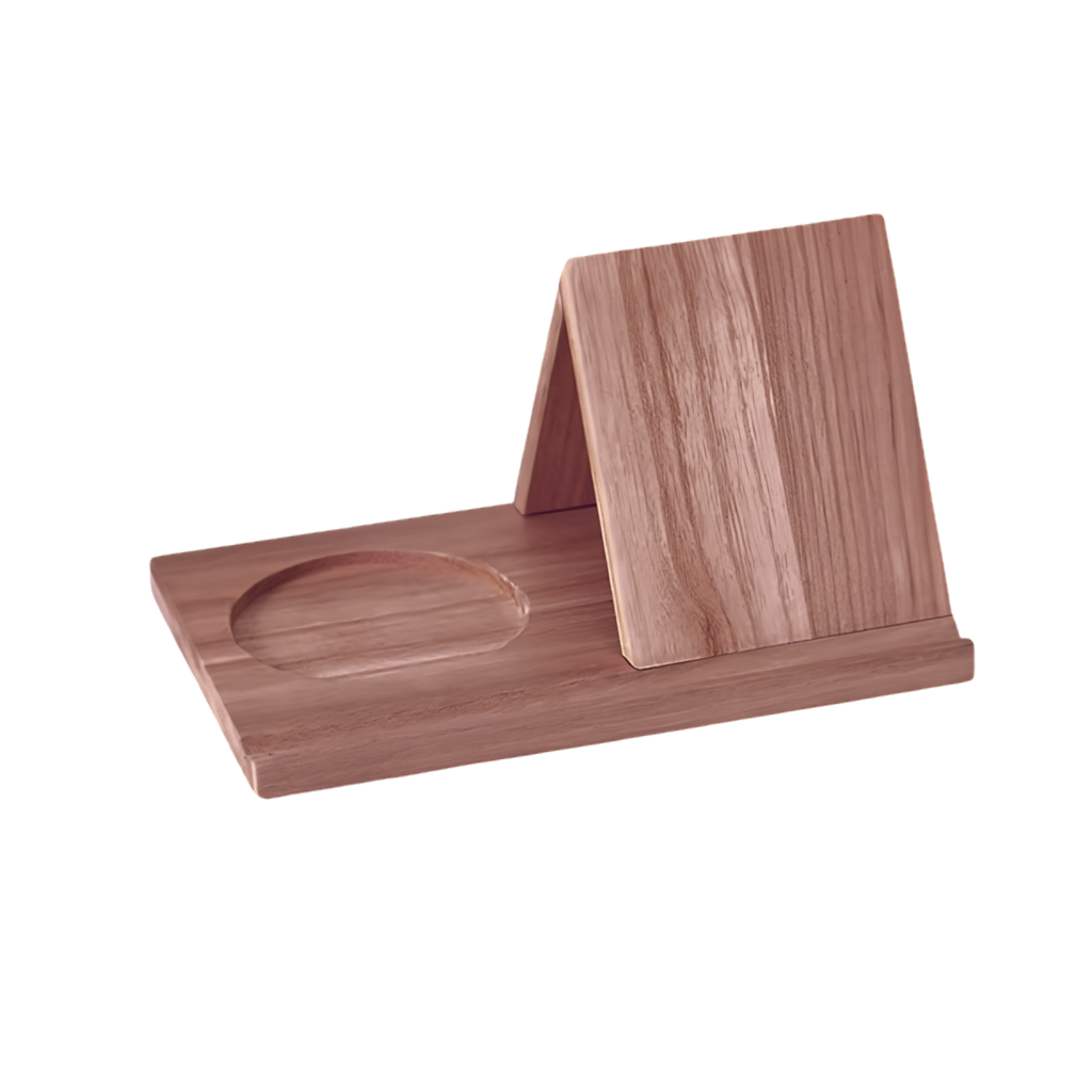 Soporte de madera para libros con posavasos, creado para amantes de la lectura