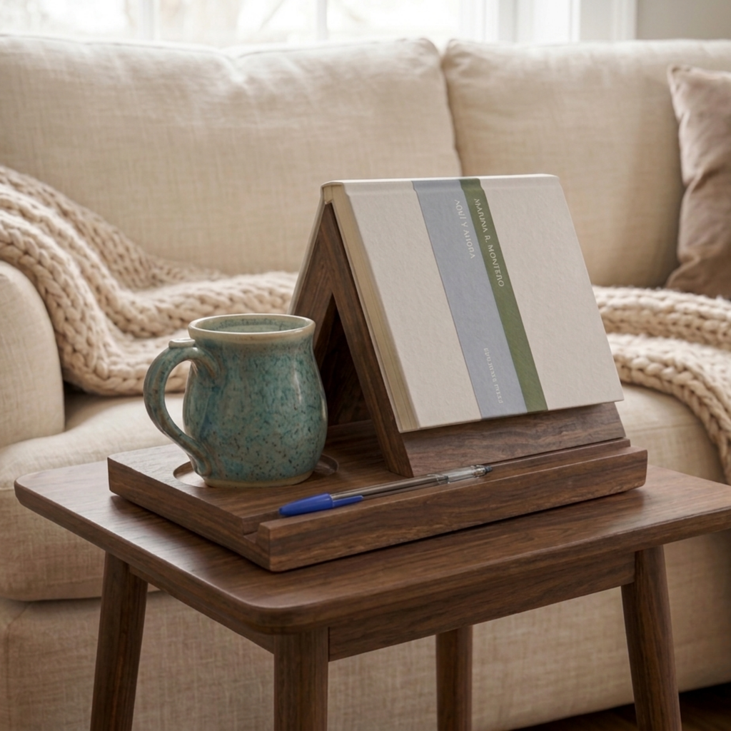 Soporte de madera para libros con posavasos, creado para amantes de la lectura