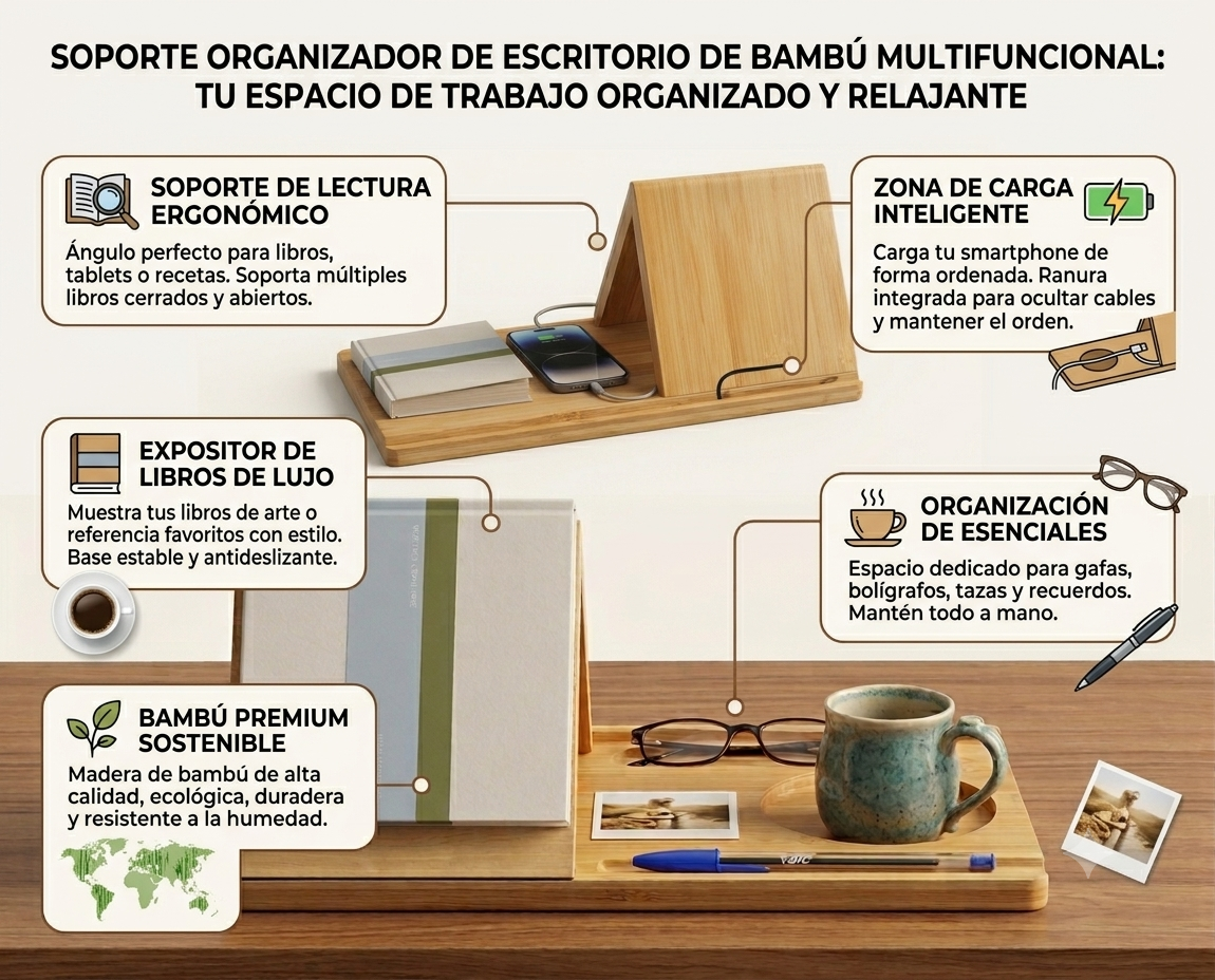 Soporte de madera para libros con posavasos, creado para amantes de la lectura