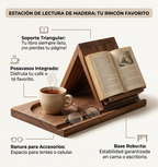 Soporte de madera para libros con posavasos, creado para amantes de la lectura